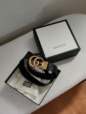 Gucci Black Leather Belt with Gold Double G Buckle